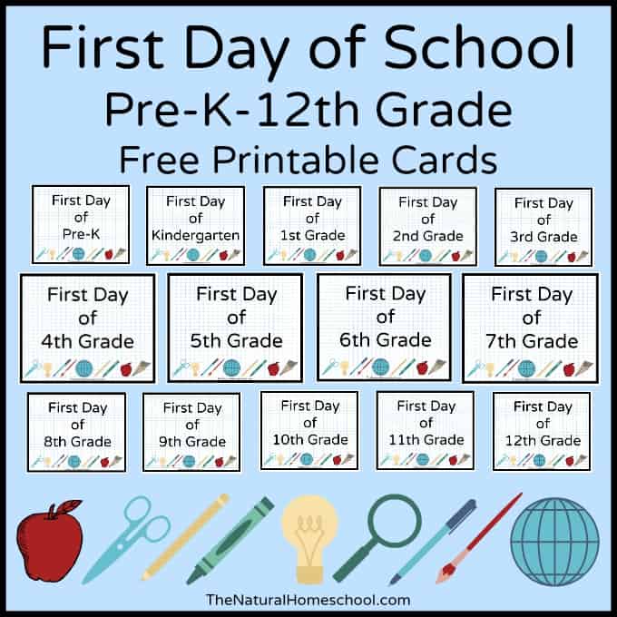 Download these First Day of School cards for free! I have included from Pre-K all the way up to 12th grade for you to download as you need.