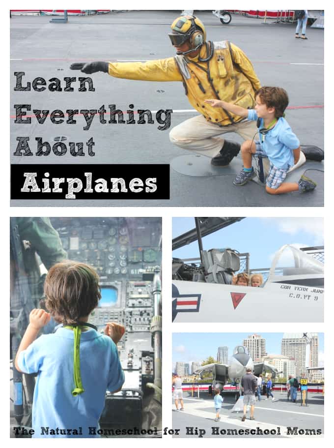 Learn Everything About Airplanes text and image collage of a child learning about airplanes outside