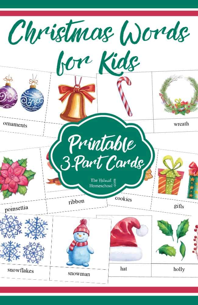 In this post, you will be able to see some of the most beautiful watercolor cards with Christmas words for kids. They are set up in a set of printable 3-part cards to print and use to teach kids new seasonal words.