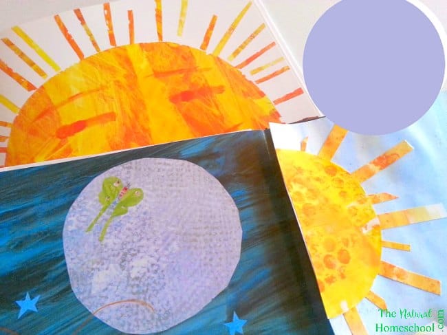 Our post, Eric Carle Artwork, will show you how to easily make Eric Carle-inspired sun and moon textures! They will turn out amazing and your kids will really enjoy making them!
