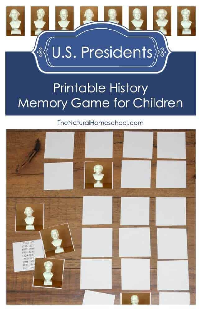 I am so excited to share with you this printable History Memory Game for children about some of the U.S. Presidents. It includes some facts about them as well as a list of the 8 Presidents in the right order.