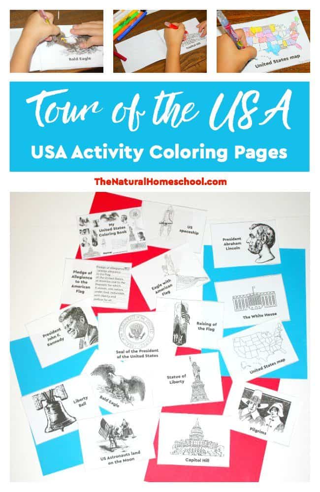 We love the USA! Yea! And to continue on our fun USA studies, we made some fun printable US Activity Coloring Pages!