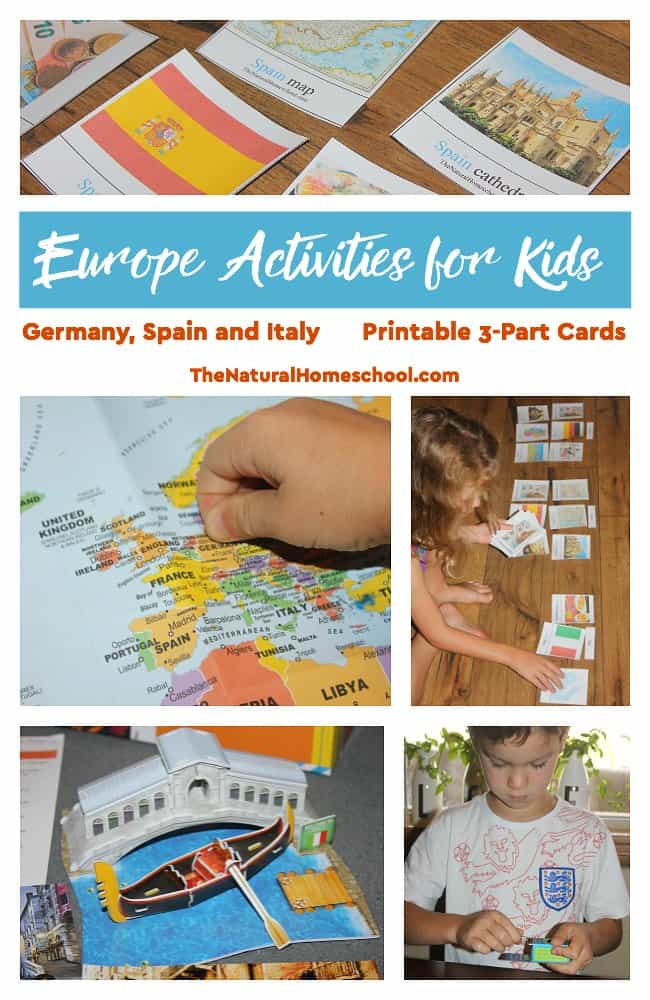 Europe Activities for Kids text with blue banner and white background with images of kids playing and learning