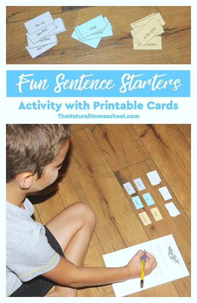 We played a game once when I wanted my son to get ideas for writing sentences. It was a blast! He was having so much fun that he learned to write sentences in no time! Now, we have made another fun sentence starters activity with printable cards that you can get for your kids, too.