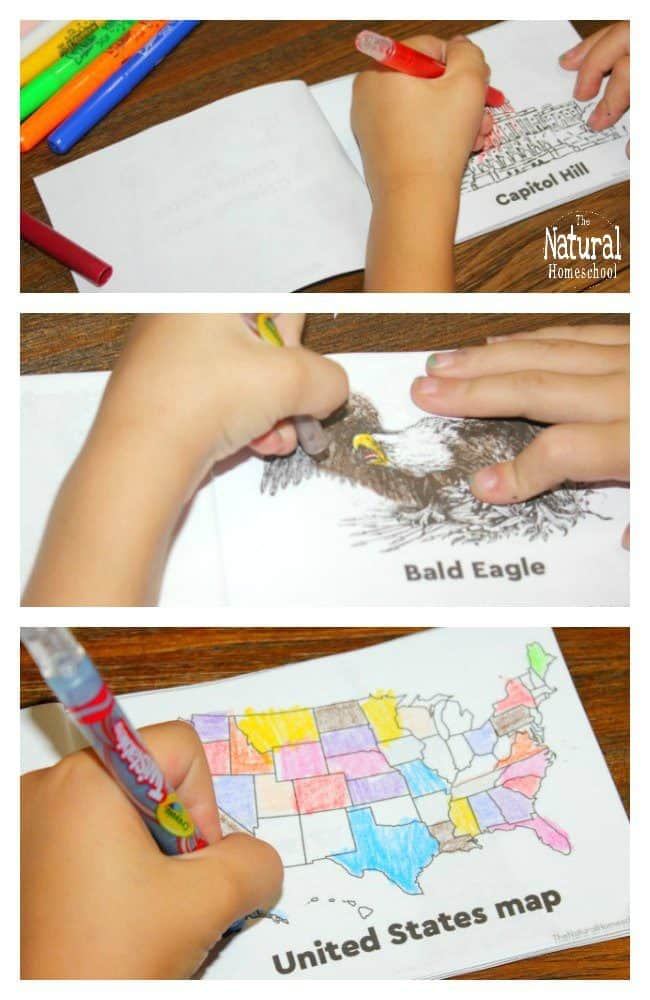 We love the USA! Yea! And to continue on our fun USA studies, we made some fun printable US Activity Coloring Pages!