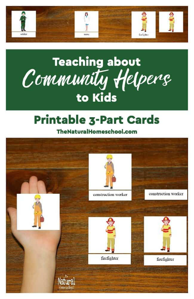 We love teaching about Community Helpers to kids! They feel safer and like the communities they live in are orderly and have people that can help them. This lesson shows a set of printable 3-part cards that children can use to be introduced to 16 names and images of community helpers.
