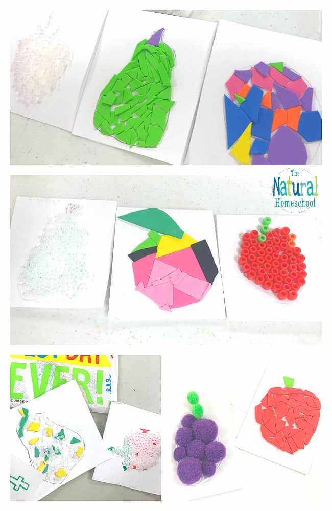 We love Eric Carle and The Very Hungry Caterpillar printables that we are sharing lately! In this post, we made beautiful cards using different materials. These cards were made with printable hungry caterpillar fruit shapes! They all turned out amazing!