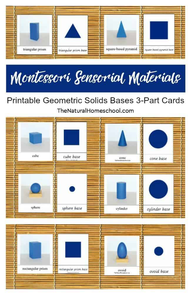 To go to the next level, I made some printable Geometric Solids Bases 3-Part Cards to use as an Extension. These free Montessori printables can be downloaded in this post.