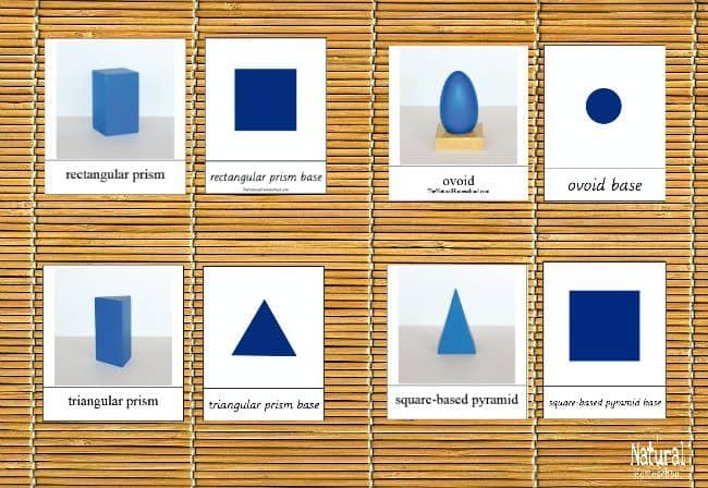 To go to the next level, I made some printable Geometric Solids Bases 3-Part Cards to use as an Extension. These free Montessori printables can be downloaded in this post.