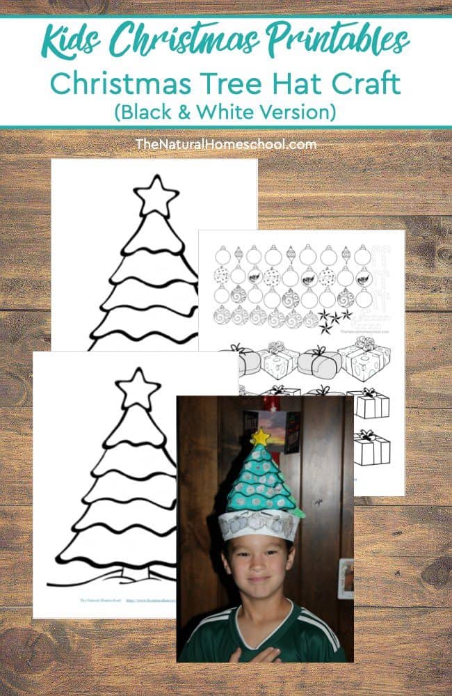 Check out these kids Christmas printables! It is a wonderful set that makes a Christmas tree hat craft (black and white version)!