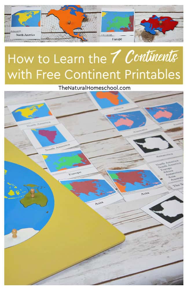 How to Learn the 7 Continents with Free Continent Printables text with image background of geography cards on a wooden table